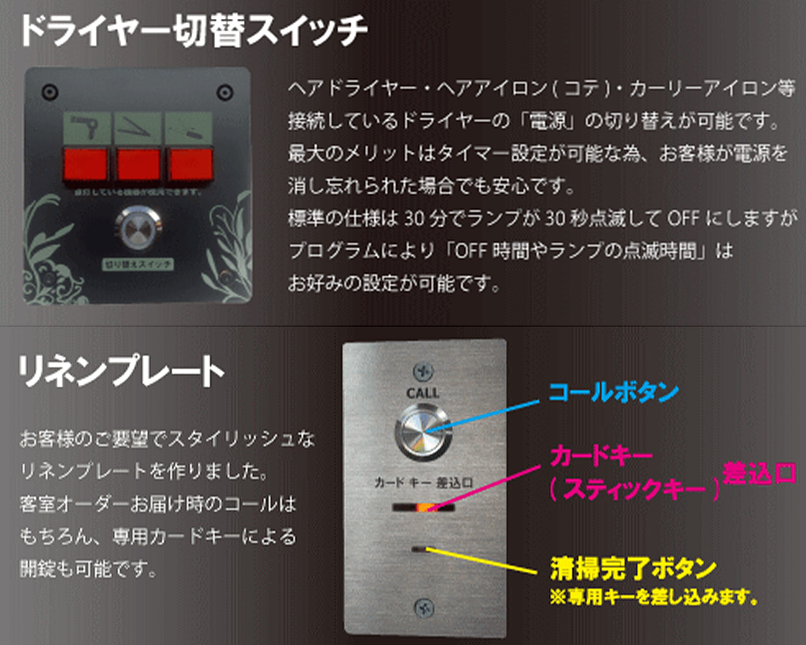 ドライヤー切替スイッチとリネンプレート